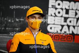 Lando Norris (GBR) McLaren in the FIA Press Conference. 27.08.2020. Formula 1 World Championship, Rd 7, Belgian Grand Prix, Spa Francorchamps, Belgium, Preparation Day.