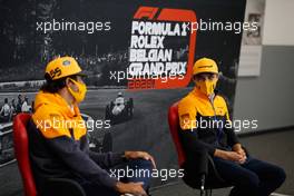 (L to R): Carlos Sainz Jr (ESP) McLaren and Lando Norris (GBR) McLaren in the FIA Press Conference. 27.08.2020. Formula 1 World Championship, Rd 7, Belgian Grand Prix, Spa Francorchamps, Belgium, Preparation Day.
