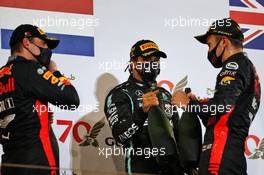 The podium (L to R): Max Verstappen (NLD) Red Bull Racing, second; Lewis Hamilton (GBR) Mercedes AMG F1, race winner; Alexander Albon (THA) Red Bull Racing, third. 29.11.2020. Formula 1 World Championship, Rd 15, Bahrain Grand Prix, Sakhir, Bahrain, Race Day.