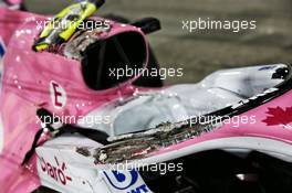 The damaged Racing Point F1 Team RP20 of Lance Stroll (CDN) Racing Point F1 Team, who crashed out of the race. 29.11.2020. Formula 1 World Championship, Rd 15, Bahrain Grand Prix, Sakhir, Bahrain, Race Day.