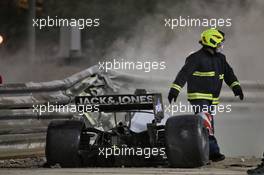 Marshals work on the circuit after Romain Grosjean (FRA) Haas F1 Team VF-20 crashed at the start of the race and exploded into flames. 29.11.2020. Formula 1 World Championship, Rd 15, Bahrain Grand Prix, Sakhir, Bahrain, Race Day.