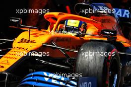 Lando Norris (GBR) McLaren MCL35 makes a pit stop. 16.08.2020. Formula 1 World Championship, Rd 6, Spanish Grand Prix, Barcelona, Spain, Race Day.
