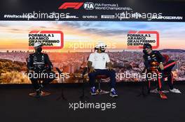 (L to R): Valtteri Bottas (FIN) Mercedes AMG F1; Lewis Hamilton (GBR) Mercedes AMG F1; and Max Verstappen (NLD) Red Bull Racing in the post qualifying FIA Press Conference. 15.08.2020. Formula 1 World Championship, Rd 6, Spanish Grand Prix, Barcelona, Spain, Qualifying Day.