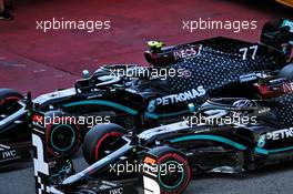 Lewis Hamilton (GBR) Mercedes AMG F1 W11 and team mate Valtteri Bottas (FIN) Mercedes AMG F1 W11 in qualifying parc ferme. 15.08.2020. Formula 1 World Championship, Rd 6, Spanish Grand Prix, Barcelona, Spain, Qualifying Day.