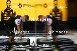 Renault F1 Team mechanic with Pirelli tyres. 13.08.2020. Formula 1 World Championship, Rd 6, Spanish Grand Prix, Barcelona, Spain, Preparation Day.