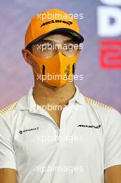 Lando Norris (GBR) McLaren in the FIA Press Conference. 13.08.2020. Formula 1 World Championship, Rd 6, Spanish Grand Prix, Barcelona, Spain, Preparation Day.