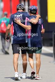 (L to R): Lance Stroll (CDN) Racing Point F1 Team with team mate Sergio Perez (MEX) Racing Point F1 Team. 13.08.2020. Formula 1 World Championship, Rd 6, Spanish Grand Prix, Barcelona, Spain, Preparation Day.