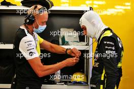 Esteban Ocon (FRA) Renault F1 Team with Dan Williams (GBR) Renault F1 Team Personal Trainer. 31.07.2020. Formula 1 World Championship, Rd 4, British Grand Prix, Silverstone, England, Practice Day.