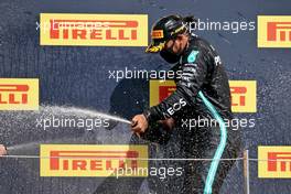 Race winner Lewis Hamilton (GBR) Mercedes AMG F1 celebrates in on the podium.                            02.08.2020. Formula 1 World Championship, Rd 4, British Grand Prix, Silverstone, England, Race Day.