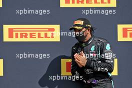 Race winner Lewis Hamilton (GBR) Mercedes AMG F1 celebrates in on the podium.                            02.08.2020. Formula 1 World Championship, Rd 4, British Grand Prix, Silverstone, England, Race Day.