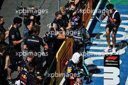 Lewis Hamilton (GBR) Mercedes AMG F1 celebrates his pole position in qualifying parc ferme.                                01.08.2020. Formula 1 World Championship, Rd 4, British Grand Prix, Silverstone, England, Qualifying Day.
