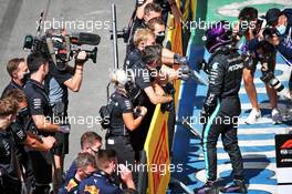 Lewis Hamilton (GBR) Mercedes AMG F1 celebrates his pole position in qualifying parc ferme. 01.08.2020. Formula 1 World Championship, Rd 4, British Grand Prix, Silverstone, England, Qualifying Day.