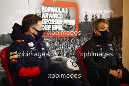 Masashi Yamamoto (JPN) Honda Racing F1 Managing Director (Right) and Christian Horner (GBR) Red Bull Racing Team Principal in the FIA Press Conference. 09.10.2020. Formula 1 World Championship, Rd 11, Eifel Grand Prix, Nurbugring, Germany, Practice Day.