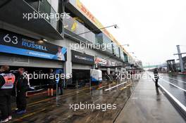 Williams Racing pit garages in the wet first practice session. 09.10.2020. Formula 1 World Championship, Rd 11, Eifel Grand Prix, Nurbugring, Germany, Practice Day.