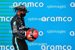 Race winner Lewis Hamilton (GBR) Mercedes AMG F1 celebrates in parc ferme with a helmet of Michael Schumacher (GER). 11.10.2020. Formula 1 World Championship, Rd 11, Eifel Grand Prix, Nurbugring, Germany, Race Day.