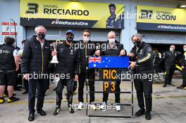Renault F1 Team celebrates third position for Daniel Ricciardo (AUS) Renault F1 Team (L to R): Jean-Dominique Senard (FRA) Renault Chairman; Daniel Ricciardo (AUS) Renault F1 Team; Cyril Abiteboul (FRA) Renault Sport F1 Managing Director; Jerome Stoll (FRA) Renault Sport F1 President; Luca de Meo (ITA) Groupe Renault Chief Executive Officer. 11.10.2020. Formula 1 World Championship, Rd 11, Eifel Grand Prix, Nurbugring, Germany, Race Day.