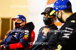(L to R): Max Verstappen (NLD) Red Bull Racing; Lewis Hamilton (GBR) Mercedes AMG F1; and Daniel Ricciardo (AUS) Renault F1 Team in the post race FIA Press Conference. 11.10.2020. Formula 1 World Championship, Rd 11, Eifel Grand Prix, Nurbugring, Germany, Race Day.