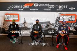 (L to R): Lewis Hamilton (GBR) Mercedes AMG F1; Valtteri Bottas (FIN) Mercedes AMG F1; and Max Verstappen (NLD) Red Bull Racing, in the post qualifying FIA Press Conference. 10.10.2020. Formula 1 World Championship, Rd 11, Eifel Grand Prix, Nurbugring, Germany, Qualifying Day.