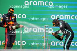 (L to R): Max Verstappen (NLD) Red Bull Racing celebrates his second position with race winner Lewis Hamilton (GBR) Mercedes AMG F1. 19.07.2020. Formula 1 World Championship, Rd 3, Hungarian Grand Prix, Budapest, Hungary, Race Day.