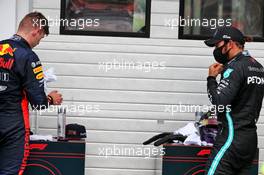 (L to R): Max Verstappen (NLD) Red Bull Racing and race winner Lewis Hamilton (GBR) Mercedes AMG F1 in parc ferme. 19.07.2020. Formula 1 World Championship, Rd 3, Hungarian Grand Prix, Budapest, Hungary, Race Day.