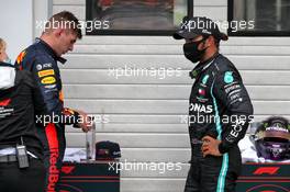 (L to R): Max Verstappen (NLD) Red Bull Racing and race winner Lewis Hamilton (GBR) Mercedes AMG F1 in parc ferme. 19.07.2020. Formula 1 World Championship, Rd 3, Hungarian Grand Prix, Budapest, Hungary, Race Day.