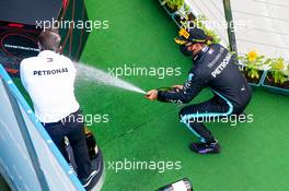 Race winner Lewis Hamilton (GBR) Mercedes AMG F1 celebrates on the podium with Peter Bonnington (GBR) Mercedes AMG F1 Race Engineer. 19.07.2020. Formula 1 World Championship, Rd 3, Hungarian Grand Prix, Budapest, Hungary, Race Day.