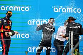 (L to R): Max Verstappen (NLD) Red Bull Racing celebrates his second position with Valtteri Bottas (FIN) Mercedes AMG F1; Peter Bonnington (GBR) Mercedes AMG F1 Race Engineer; and race winner Lewis Hamilton (GBR) Mercedes AMG F1. 19.07.2020. Formula 1 World Championship, Rd 3, Hungarian Grand Prix, Budapest, Hungary, Race Day.