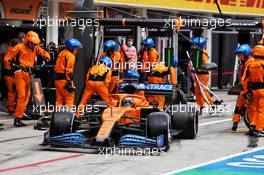 Carlos Sainz Jr (ESP) McLaren MCL35 makes a pit stop. 19.07.2020. Formula 1 World Championship, Rd 3, Hungarian Grand Prix, Budapest, Hungary, Race Day.