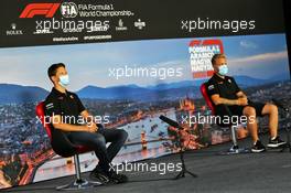 (L to R): Romain Grosjean (FRA) Haas F1 Team and team mate Kevin Magnussen (DEN) Haas F1 Team in the FIA Press Conference. 16.07.2020. Formula 1 World Championship, Rd 3, Hungarian Grand Prix, Budapest, Hungary, Preparation Day.