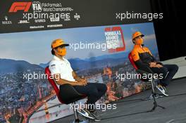 (L to R): Carlos Sainz Jr (ESP) McLaren and team mate Lando Norris (GBR) McLaren in the FIA Press Conference. 16.07.2020. Formula 1 World Championship, Rd 3, Hungarian Grand Prix, Budapest, Hungary, Preparation Day.