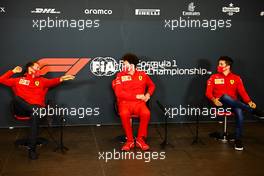 (L to R): Sebastian Vettel (GER) Ferrari; Mattia Binotto (ITA) Ferrari Team Principal; and Charles Leclerc (MON) Ferrari, in the FIA Press Conference. 30.10.2020. Formula 1 World Championship, Rd 13, Emilia Romagna Grand Prix, Imola, Italy, Practice Day.
