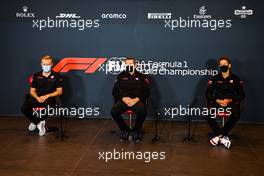 (L to R): Kevin Magnussen (DEN) Haas F1 Team; Guenther Steiner (ITA) Haas F1 Team Prinicipal; and Romain Grosjean (FRA) Haas F1 Team, in the FIA Press Conference. 30.10.2020. Formula 1 World Championship, Rd 13, Emilia Romagna Grand Prix, Imola, Italy, Practice Day.