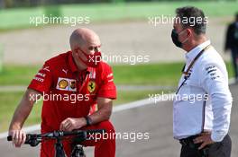 (L to R): Jock Clear (GBR) Ferrari Engineering Director with Ron Meadows (GBR) Mercedes GP Team Manager. 30.10.2020. Formula 1 World Championship, Rd 13, Emilia Romagna Grand Prix, Imola, Italy, Practice Day.