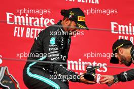 (L to R): race winner Lewis Hamilton (GBR) Mercedes AMG F1 celebrates on the podium with third placed Daniel Ricciardo (AUS) Renault F1 Team. 01.11.2020. Formula 1 World Championship, Rd 13, Emilia Romagna Grand Prix, Imola, Italy, Race Day.