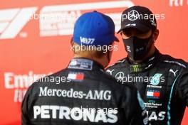 Lewis Hamilton (GBR) Mercedes AMG F1 in parc ferme with team mate Valtteri Bottas (FIN) Mercedes AMG F1. 01.11.2020. Formula 1 World Championship, Rd 13, Emilia Romagna Grand Prix, Imola, Italy, Race Day.