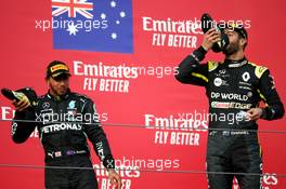 Lewis Hamilton (GBR) Mercedes AMG F1 W11 and Daniel Ricciardo (AUS) Renault F1 Team RS20 drinking a shoey. 01.11.2020. Formula 1 World Championship, Rd 13, Emilia Romagna Grand Prix, Imola, Italy, Race Day.