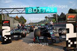 Pole sitter Valtteri Bottas (FIN) Mercedes AMG F1 W11 and team mate Lewis Hamilton (GBR) Mercedes AMG F1 W11 in qualifying parc ferme. 31.10.2020. Formula 1 World Championship, Rd 13, Emilia Romagna Grand Prix, Imola, Italy, Qualifying Day.