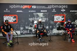 The post qualifying FIA Press Conference (L to R): Lewis Hamilton (GBR) Mercedes AMG F1, second; Valtteri Bottas (FIN) Mercedes AMG F1, pole position; Max Verstappen (NLD) Red Bull Racing, third. 31.10.2020. Formula 1 World Championship, Rd 13, Emilia Romagna Grand Prix, Imola, Italy, Qualifying Day.