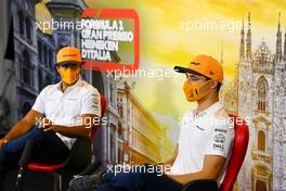 (L to R): Carlos Sainz Jr (ESP) McLaren and Lando Norris (GBR) McLaren in the FIA Press Conference. 03.09.2020. Formula 1 World Championship, Rd 8, Italian Grand Prix, Monza, Italy, Preparation Day.