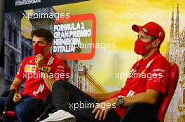 (L to R): Charles Leclerc (MON) Ferrari and Sebastian Vettel (GER) Ferrari in the FIA Press Conference. 03.09.2020. Formula 1 World Championship, Rd 8, Italian Grand Prix, Monza, Italy, Preparation Day.