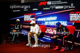 (L to R): Valtteri Bottas (FIN) Mercedes AMG F1; Lewis Hamilton (GBR) Mercedes AMG F1; and Max Verstappen (NLD) Red Bull Racing, in the post qualifying FIA Press Conference.  24.10.2020. Formula 1 World Championship, Rd 12, Portuguese Grand Prix, Portimao, Portugal, Qualifying Day.