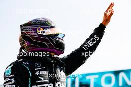 Lewis Hamilton (GBR) Mercedes AMG F1 celebrates his pole position in qualifying parc ferme. 24.10.2020. Formula 1 World Championship, Rd 12, Portuguese Grand Prix, Portimao, Portugal, Qualifying Day.
