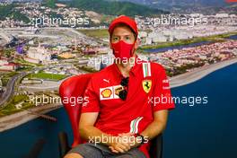 Sebastian Vettel (GER) Ferrari in the FIA Press Conference. 24.09.2020. Formula 1 World Championship, Rd 10, Russian Grand Prix, Sochi Autodrom, Sochi, Russia, Preparation Day.