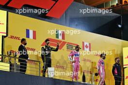 The podium (L to R): Esteban Ocon (FRA) Renault F1 Team, second; Sergio Perez (MEX) Racing Point F1 Team, race winner; Lance Stroll (CDN) Racing Point F1 Team, third; Andy Stevenson (GBR) Racing Point F1 Team Manager. 06.12.2020. Formula 1 World Championship, Rd 16, Sakhir Grand Prix, Sakhir, Bahrain, Race Day.