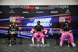(L to R): Esteban Ocon (FRA) Renault F1 Team; Sergio Perez (MEX) Racing Point F1 Team; and Lance Stroll (CDN) Racing Point F1 Team, in the post race FIA Press Conference. 06.12.2020. Formula 1 World Championship, Rd 16, Sakhir Grand Prix, Sakhir, Bahrain, Race Day.
