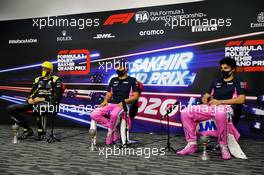 (L to R): Esteban Ocon (FRA) Renault F1 Team; Sergio Perez (MEX) Racing Point F1 Team; and Lance Stroll (CDN) Racing Point F1 Team, in the post race FIA Press Conference. 06.12.2020. Formula 1 World Championship, Rd 16, Sakhir Grand Prix, Sakhir, Bahrain, Race Day.