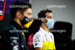Daniel Ricciardo (AUS) Renault F1 Team with team mate Esteban Ocon (FRA) Renault F1 Team in the FIA Press Conference. 03.12.2020. Formula 1 World Championship, Rd 16, Sakhir Grand Prix, Sakhir, Bahrain, Preparation Day.