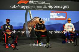 Post qualifying FIA Press Conference (L to R): Max Verstappen (NLD) Red Bull Racing, second; Lewis Hamilton (GBR) Mercedes AMG F1, pole position; Carlos Sainz Jr (ESP) McLaren, third. 11.07.2020. Formula 1 World Championship, Rd 2, Steiermark Grand Prix, Spielberg, Austria, Qualifying Day.