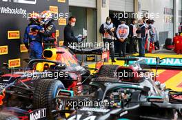 (L to R): third placed Carlos Sainz Jr (ESP) McLaren celebrates with second placed Max Verstappen (NLD) Red Bull Racing in qualifying parc ferme. 11.07.2020. Formula 1 World Championship, Rd 2, Steiermark Grand Prix, Spielberg, Austria, Qualifying Day.