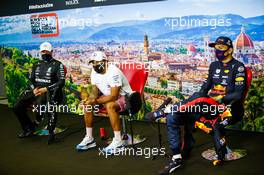 The post race FIA Press Conference (L to R): Valtteri Bottas (FIN) Mercedes AMG F1, second; Lewis Hamilton (GBR) Mercedes AMG F1, race winner; Alexander Albon (THA) Red Bull Racing, third. 13.09.2020. Formula 1 World Championship, Rd 9, Tuscan Grand Prix, Mugello, Italy, Race Day.